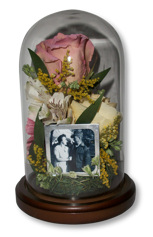 funeral flowers preserved in dome